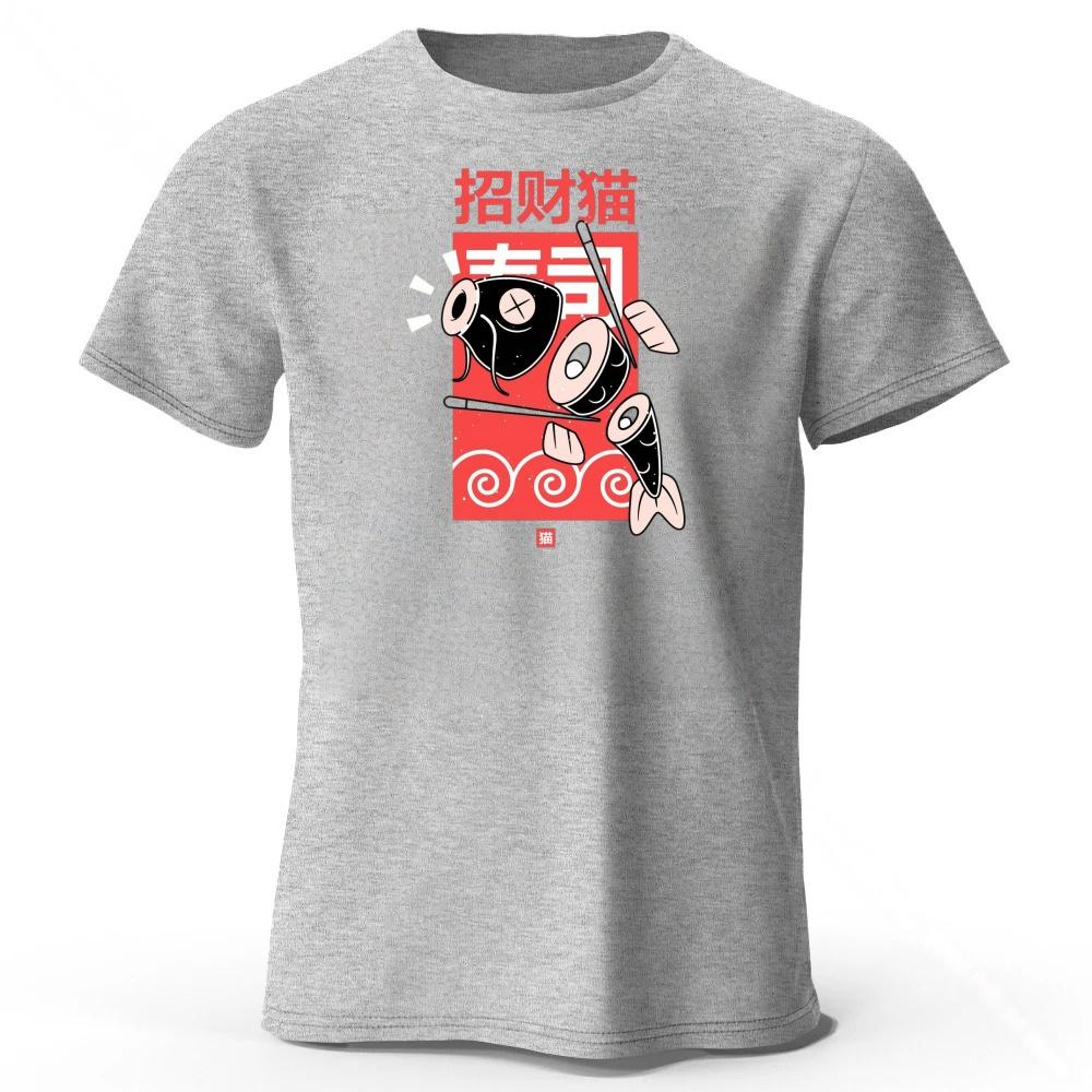 Summer New Japanese Cat Style Trendy Casual Printed Pure Cotton Tshirt for Men Loose Oversized Breathable Oneck Short Sleeved