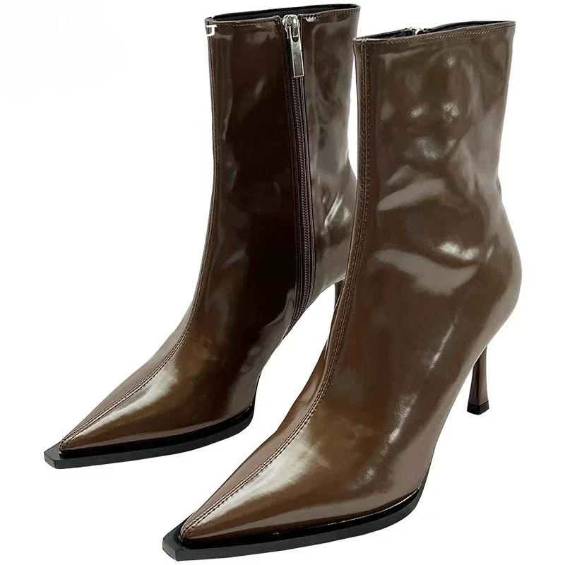 High Heels Women Ankle Boots Pointed Toe Leather Shoes Elegant Woman 2025 Trend Chelsea Boots Brand Pumps Winter Botas De Mujer