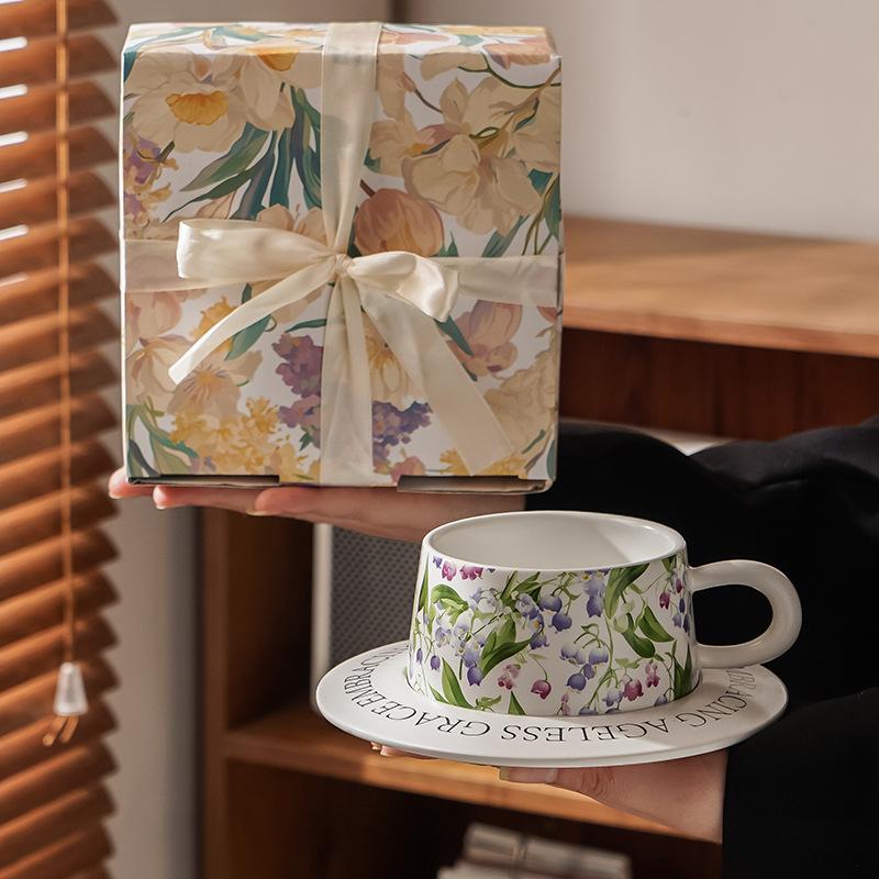 

Gift Box Containing Lily of The Valley Coffee Cups and Saucers High End Ceramic Gifts Afternoon Tea Mugs Birthday Presents for Women 250ml