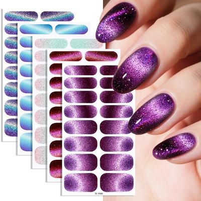 16Tips Holographic Cat Eye Nail Patch Glitter Cured Gel Nail Patch Strips UV/LED Baking Lamp Gel Nail Polish Wraps Full Cover Gel Sticker DIY Manicure