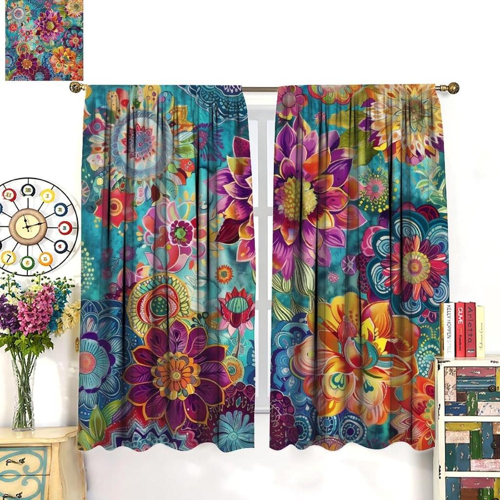 Bohemian Boho Floral Curtains Vintage Abstract Oil Painting Colourful Art Medieval Hippy Plant Flower Window Treatments Drapes Made Of Polyester