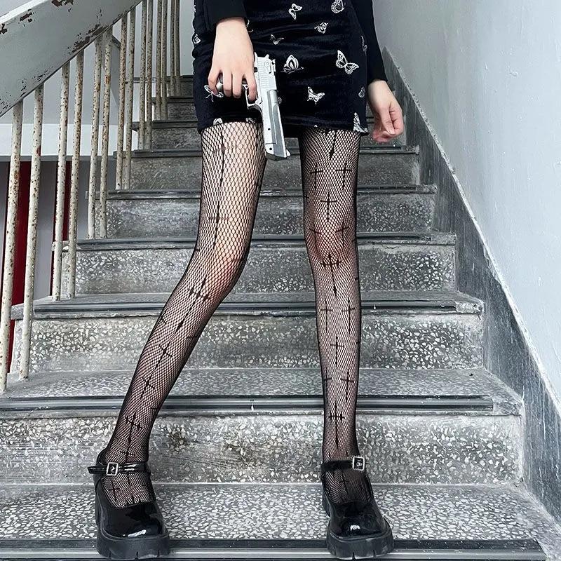 Lolita Girls Cute Pentacle Print Tights Women Sexy Gothic Punk Magical Five-Pointed Star Mesh Fish Net Pantyhose Body Stockings