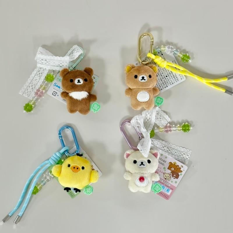8CM Rilakkuma Bear Lace Bow Carabiner Plush Keychain Four-leaf Clover Series Chairoikoguma Bear Stuffed Doll Backpack Pendant