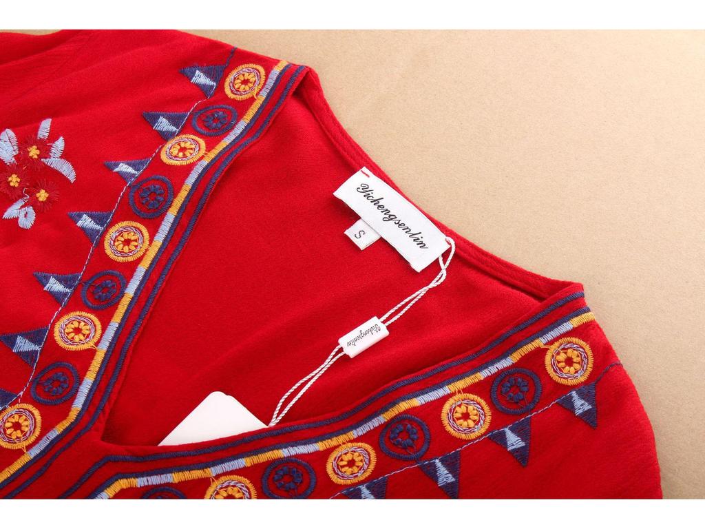 Ethnic Embroidered V-Neck Cotton Linen Dress, Fairy Style with Tie-Up and Swing, Perfect for Travel and Photos - Style 636