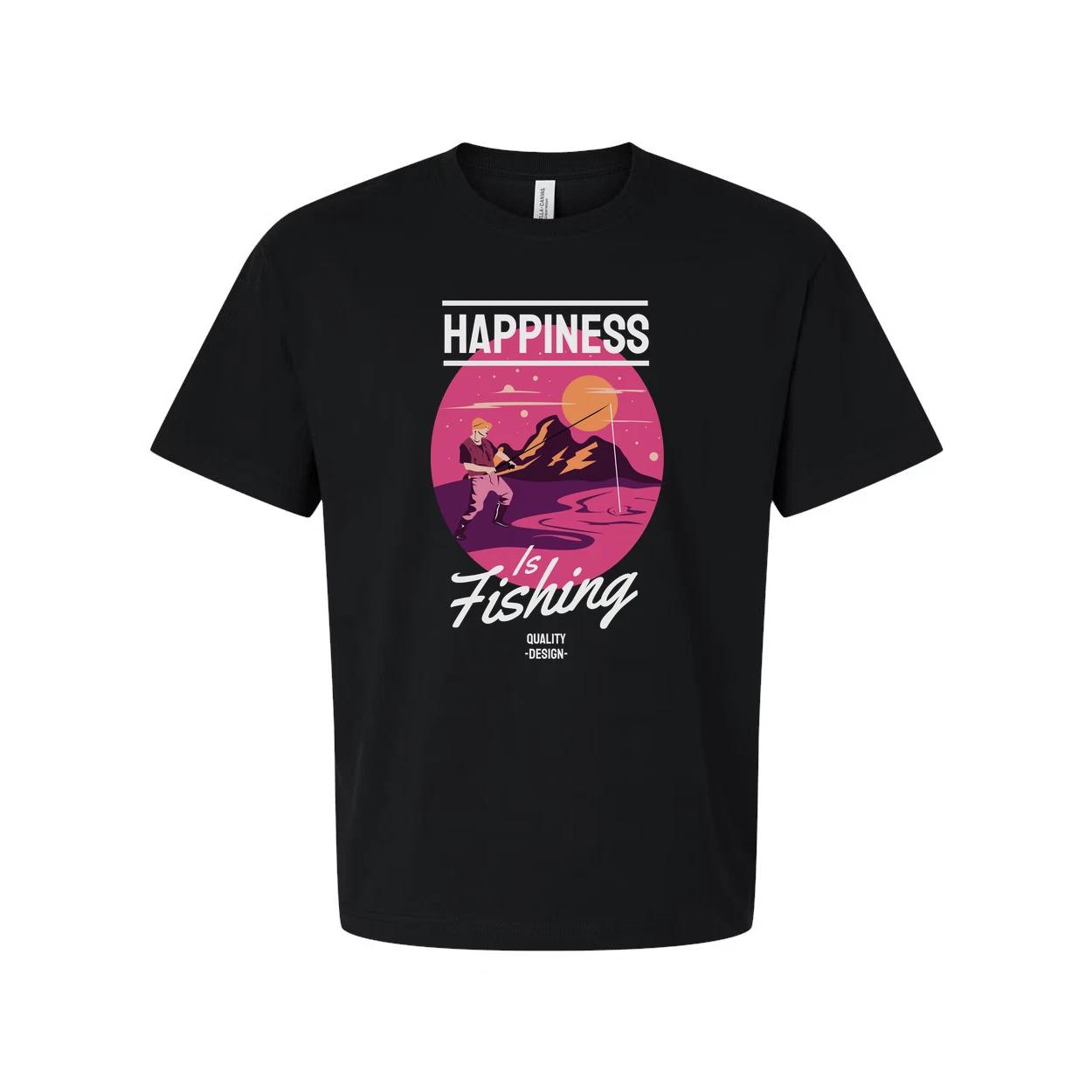 Unisex Fishing Shirt With Happiness Is Fishing Graphic Sunset Circle Design Artw L