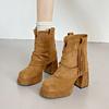 Plateau Quasten Stiefeletten Damen Herbst Winter Neu Temperament Runde Zehe Blockabsatz Hosenstiefel Retro High Heel Stiefel