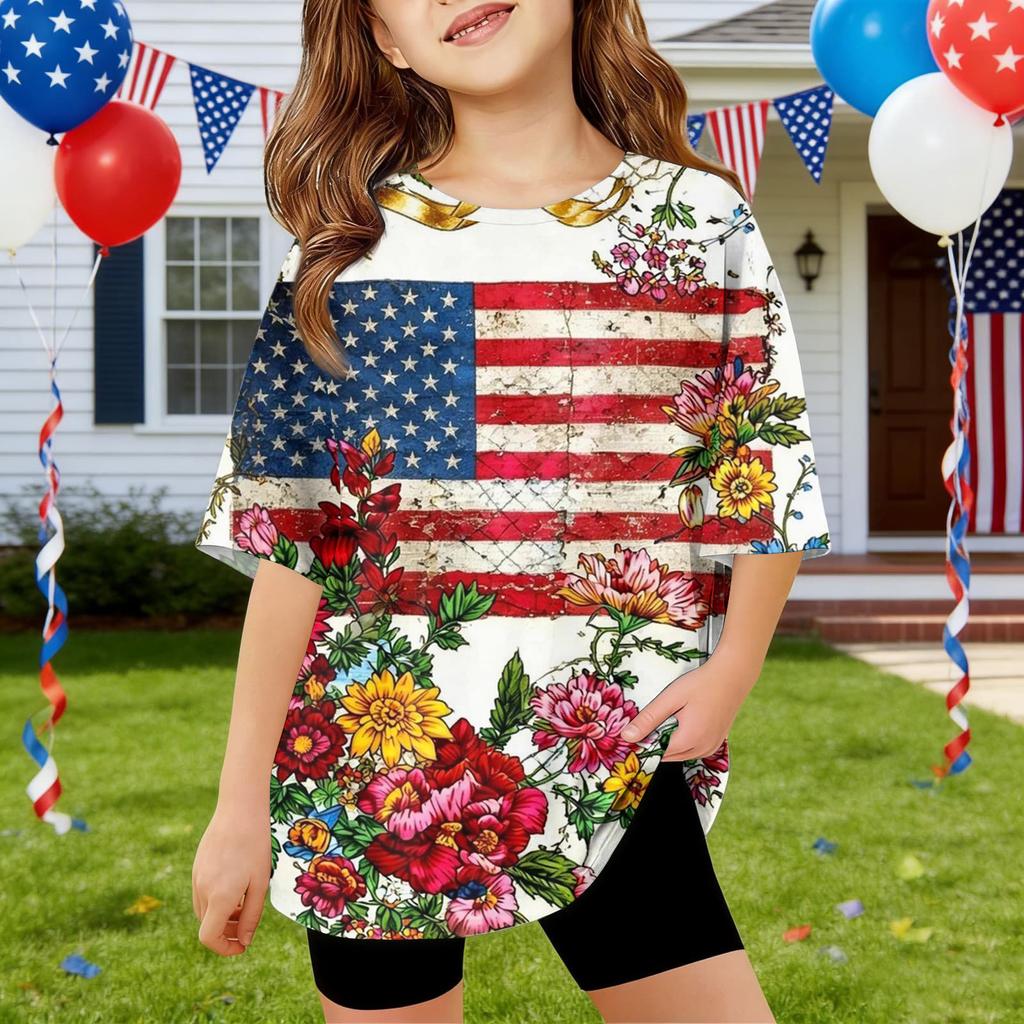 Kids Independence Day Print Round Neck Short Sleeve Casual T-shirt
