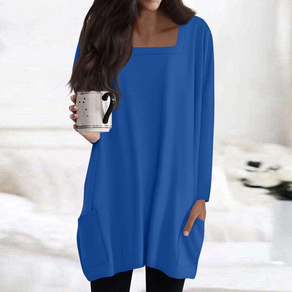 Womens Tops Square Collar Long Sleeve Blouses Casual Mid-length Shirts Fashion Print Tunic Tops With Pockets