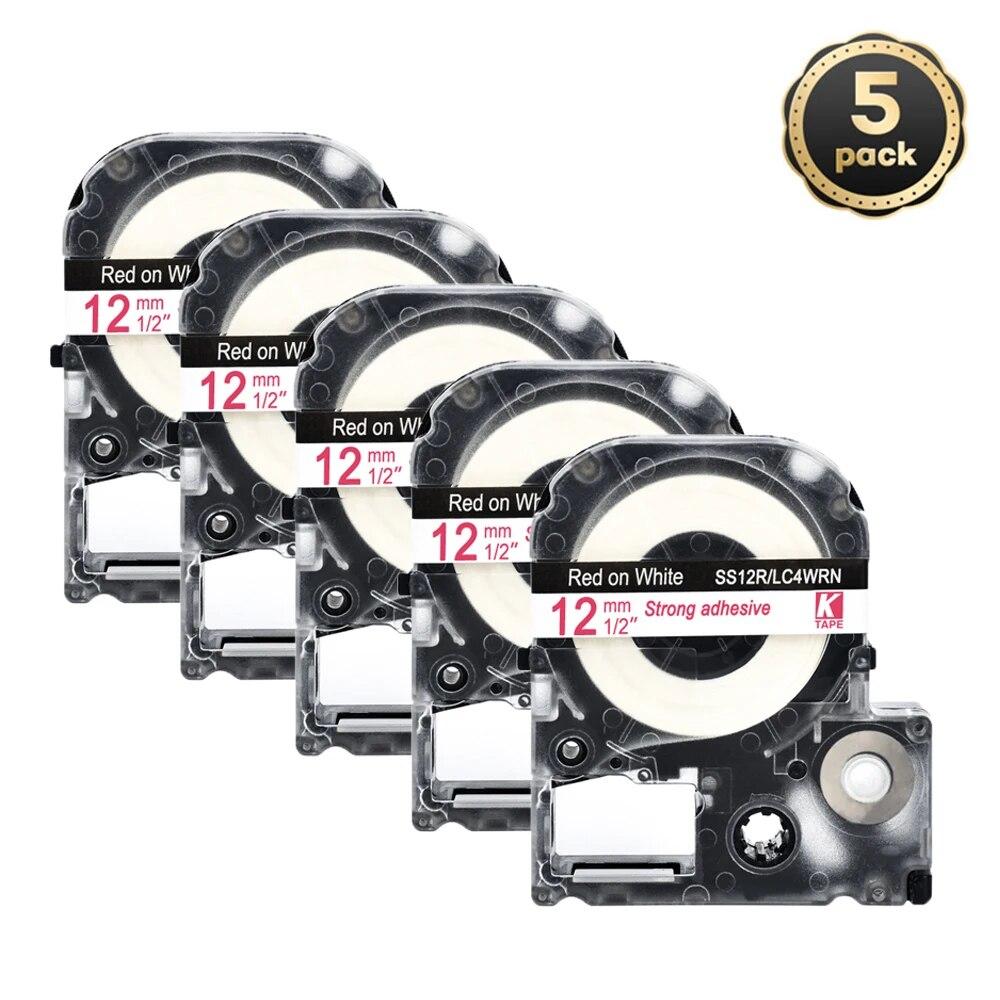 5 pachete 12 mm negru pe alb etichetă compatibilă Epson LC-4WBN / SS12KW SC12RW SC12YW ST12KW pentru imprimanta Epson LW300 LW400 500 600