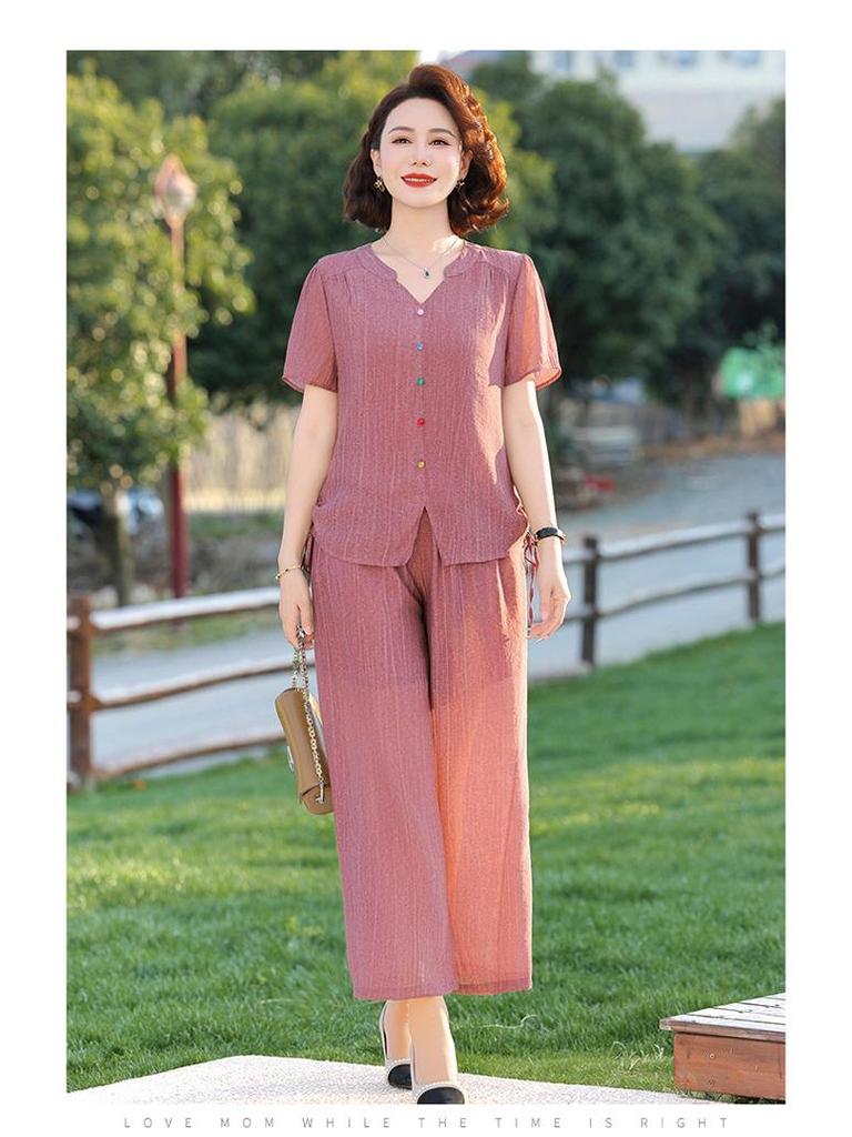 Letní bavlněno-lněný set: Dámský volný zeštíhlující dvoudílný outfit - Top a kalhoty se širokými nohavicemi pro matky středního a staršího věku