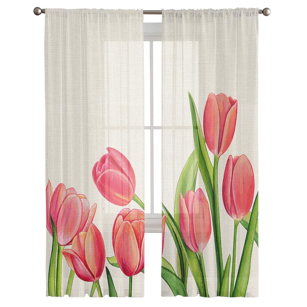 Spring Tulips Easter Mother Day Flowers Tulle Curtains Living Room Home Kitchen Decor Bedroom Window Drapes Light Filtering Made Of Polyester Sitting