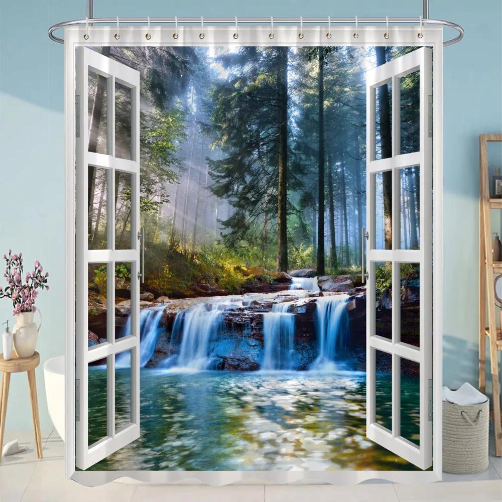Simulation Window Beach Forest Outdoor Shower Curtain Tropical Seaside Landscape Bohemian Cloth Hanging Curtains Bathroom Decor