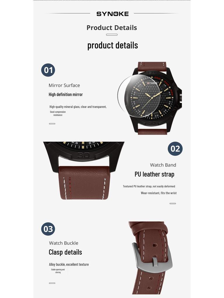 SYNOKE Retro Men's Quartz Watch, Alloy Case, Leather Strap - Fashion Sport Wristwatch, Ideal Student Gift