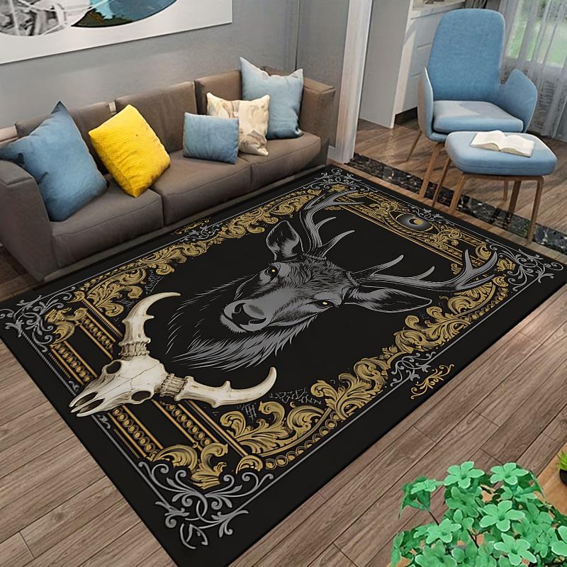 "Black Carpet with Stag and Skull Design, Vintage Gold Accents" Suitable for Use As an Anti-slip for Living Room Bedroom Sofas