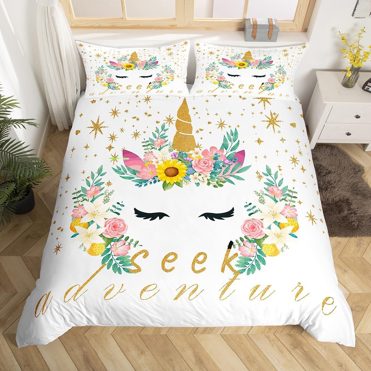 

Carton Unicorn Soft Duvet Cover Star Floral Beding Set Microfiber Kawai Warm Comforter Cover Ful Quen For Young Boys Young Girls Bedrom Decor 100*200cm Single