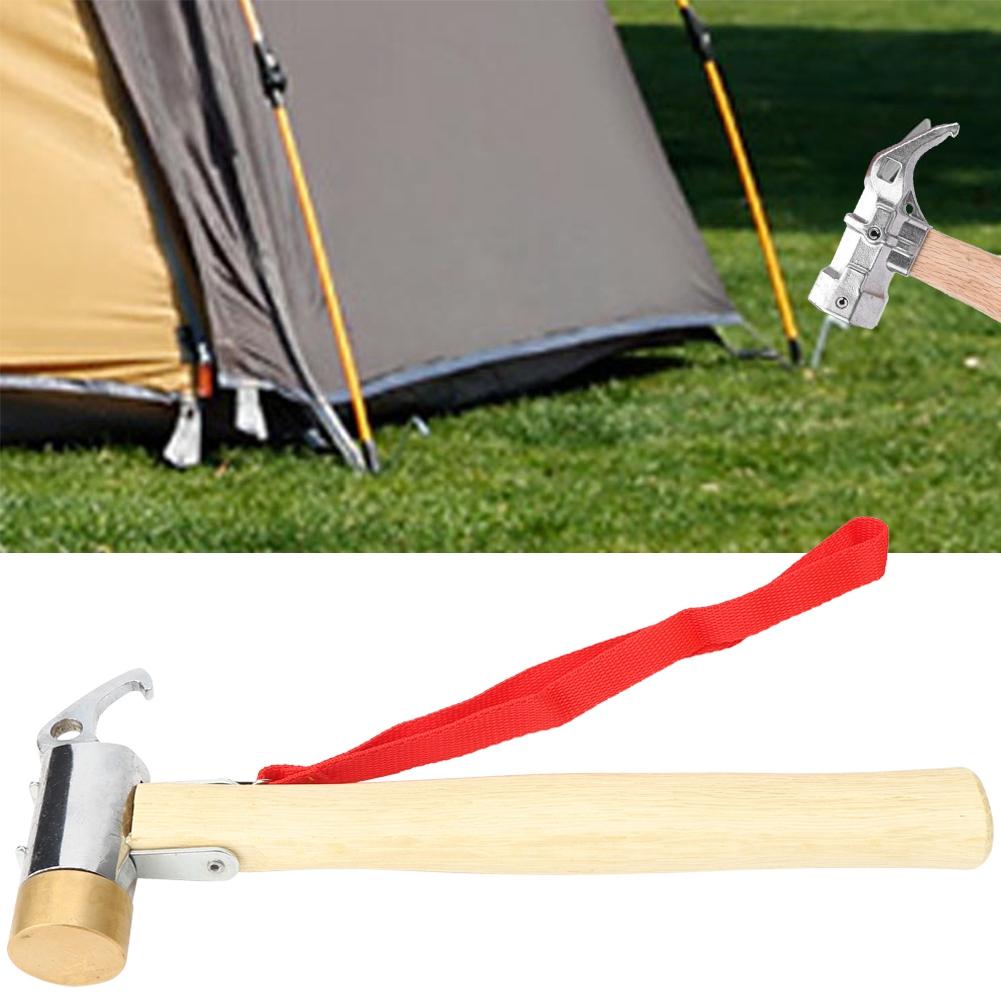 Outdoors Camping Copper Head Hammer Wooden Handle  Multi Function Sliver Tent Nail Hook Mountain Climbing Portable