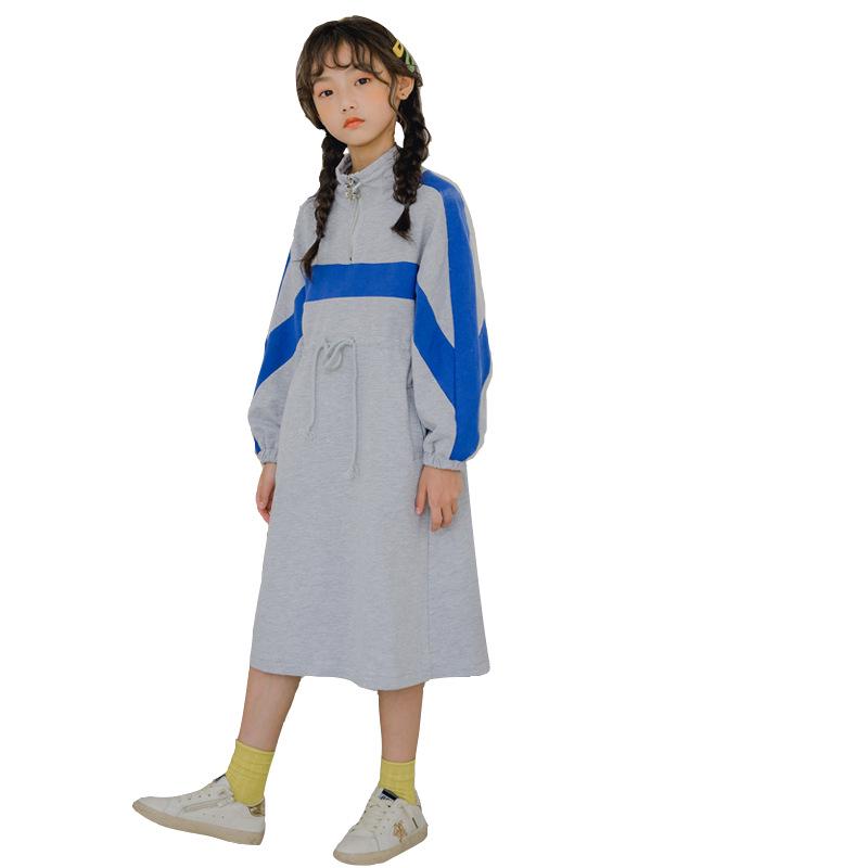 Spring/Autumn 2024 Girls' Casual Patchwork Stand Collar Long Sleeve Dress for Parent-Child