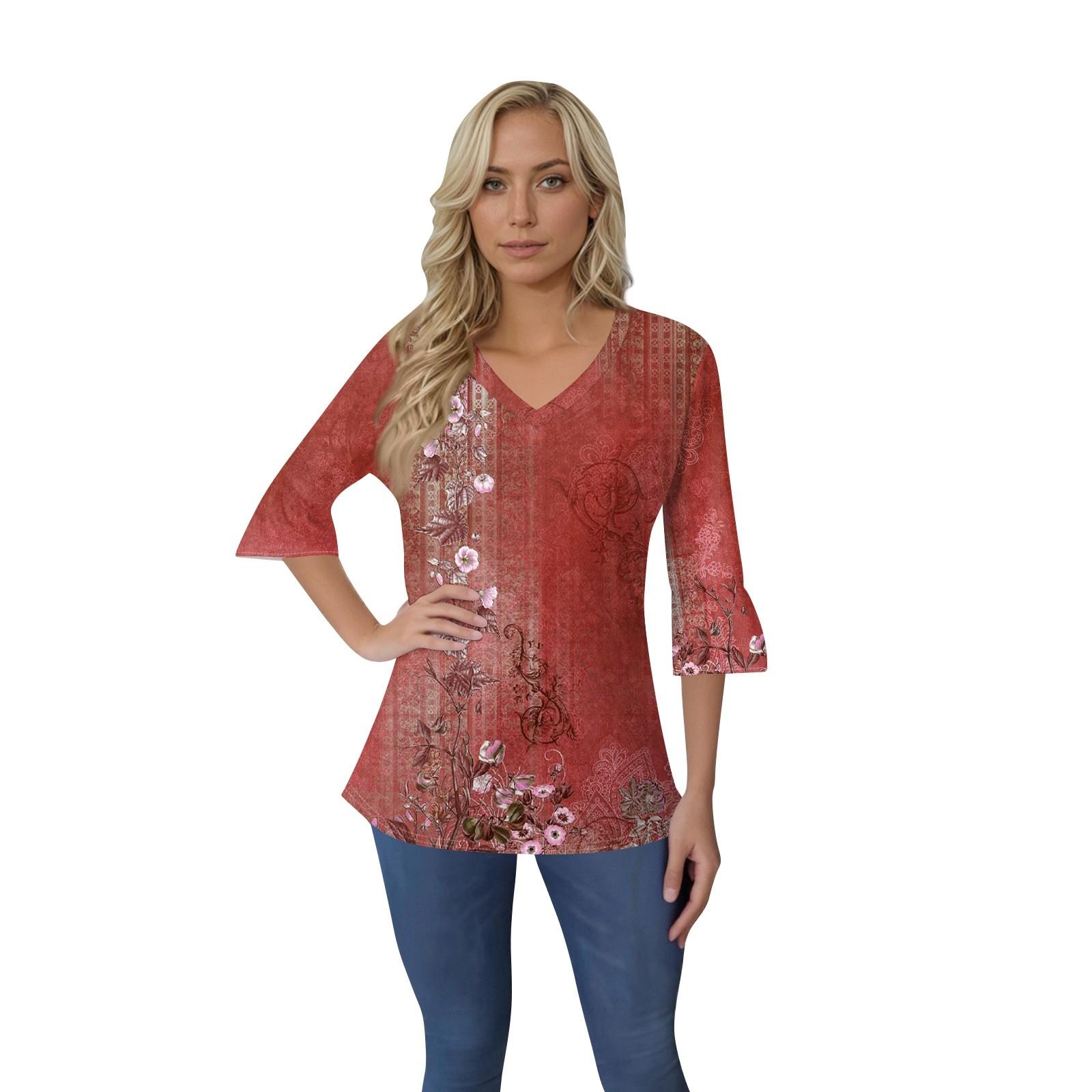 

Женский повседневный топ с рукавами 3/4, летняя футболка с v-образным вырезом и пышными рукавами S красный