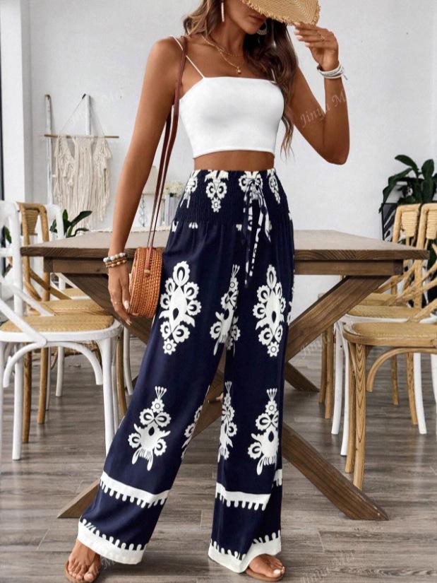2025 Trendy European-American Women's Printed High-Waisted Wide-Leg Pants