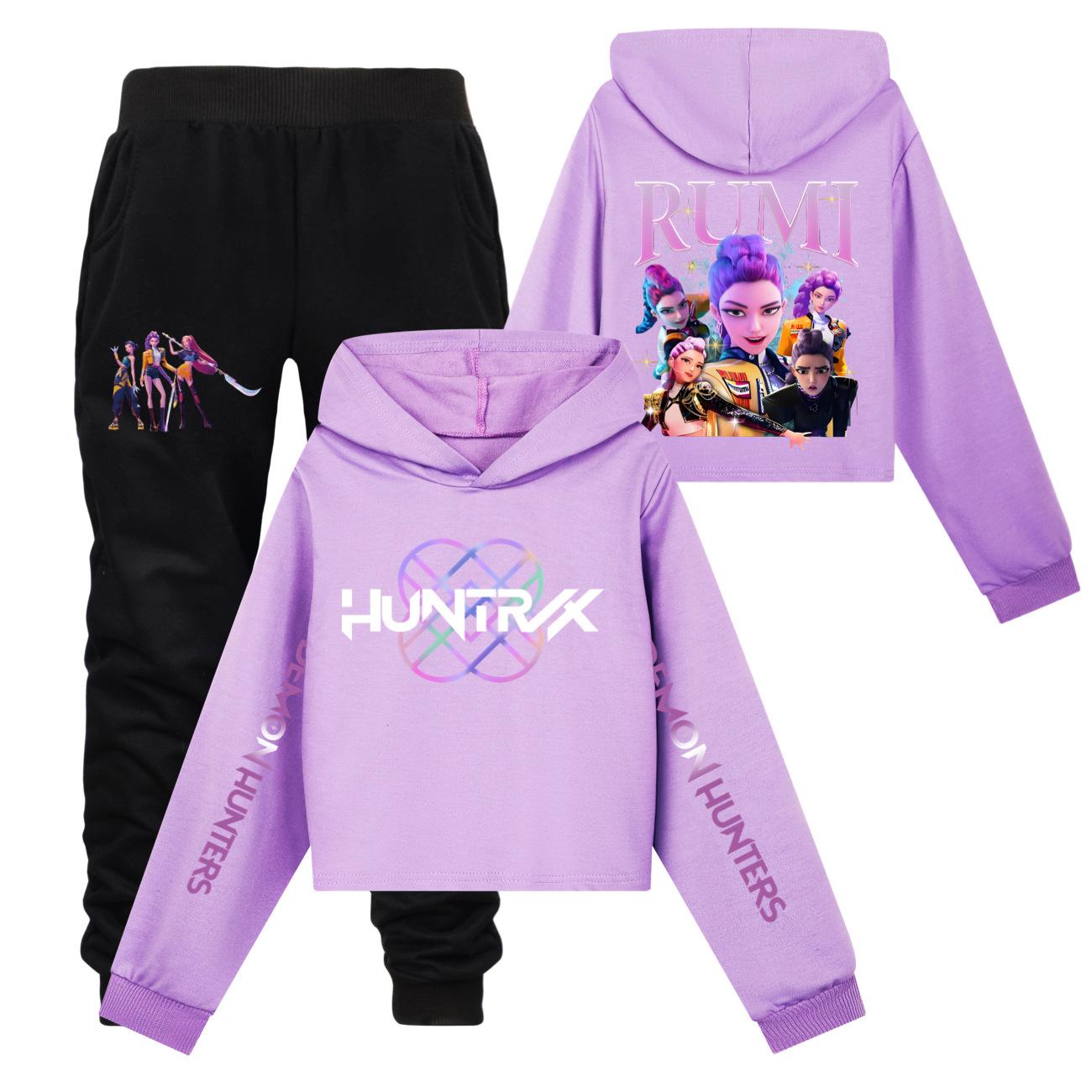 

Kids Clothing Sets Kpop Witch Hunt Girls Half Waist Short Hoodie Single and Double Sleeve Printed Casual Set 130 фиолетовый