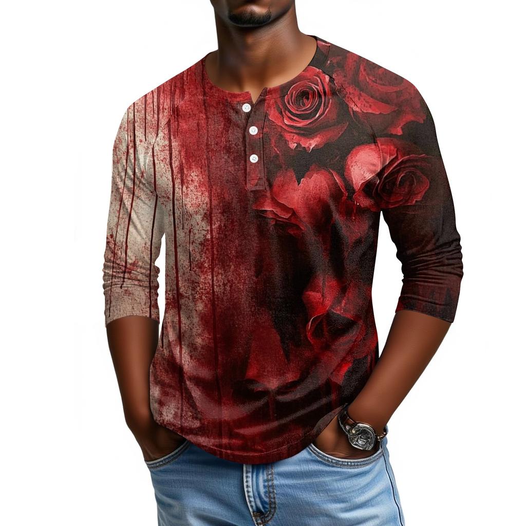 Men's Casual Halloween Print Henley Shirt Raglan Three Quarter Sleeve Top Comfortable Fit Lightweight Fabric