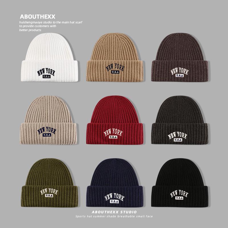 American Retro Letter Embroidery Hat for Women Autumn and Winter Warm Knitted Hat  Face Showing Small Woolen Hat  Men's Pullover Cold Hat Trendy