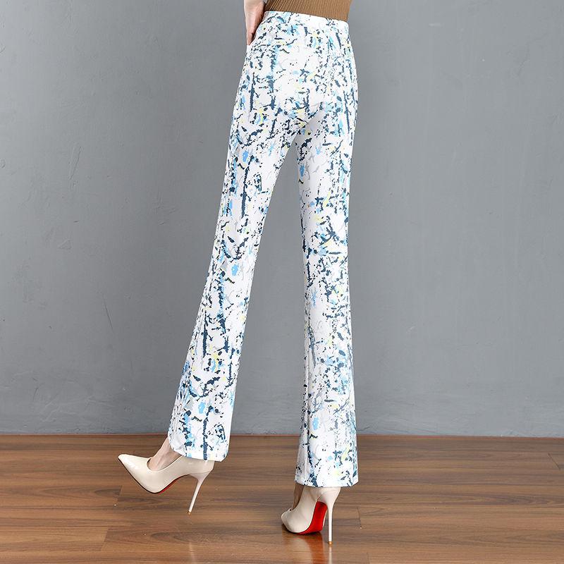 2024 Floral Plaid Elastic Waist Slimming Micro Flare Women's Pants