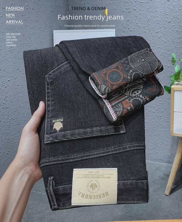 Men's Full-Bottom Printed Stretch Jeans - Thick Autumn/Winter Casual Straight Pants, Trendy and Comfortable