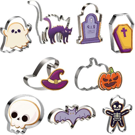 OHOME 9 PCS Halloween Cookie Cutters Kit Halloween Party Favors - Shaped In Bat Ghost Cat Pumpkin Coffin | Stainless Steel Halloween Party