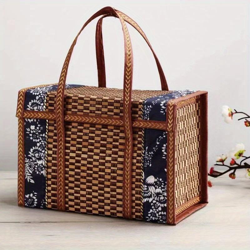 1pc Handcrafted Bamboo Picnic Basket With Handles, Rectangular Retro Style Foldable Bamboo Bag For Snacks & Fruits, Portable Woven Basket With Lid