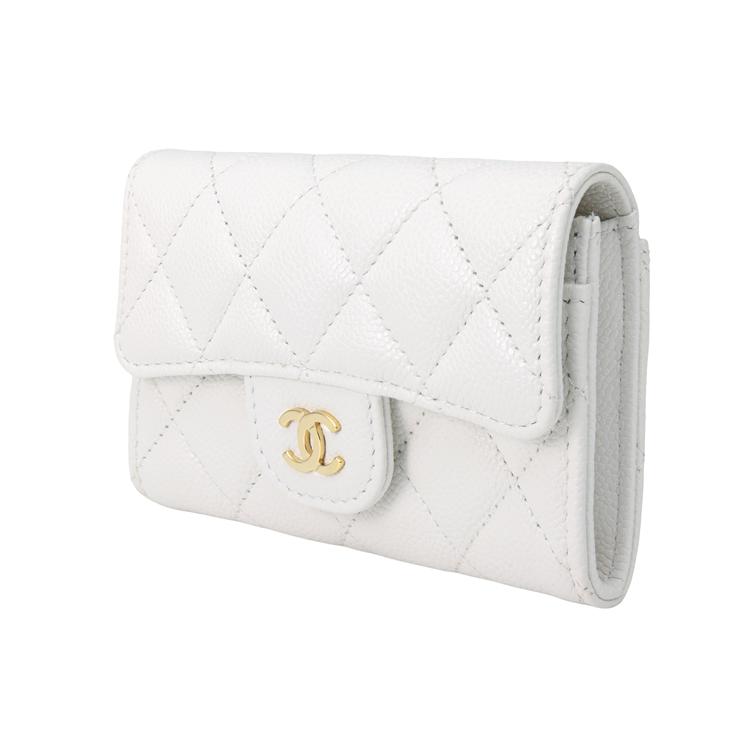 Chanel 24P Classic Double C Logo Quilted Glossy Grain Calfskin Silver Metal Card Holder Women Accessories White AP0214-B15532-10601