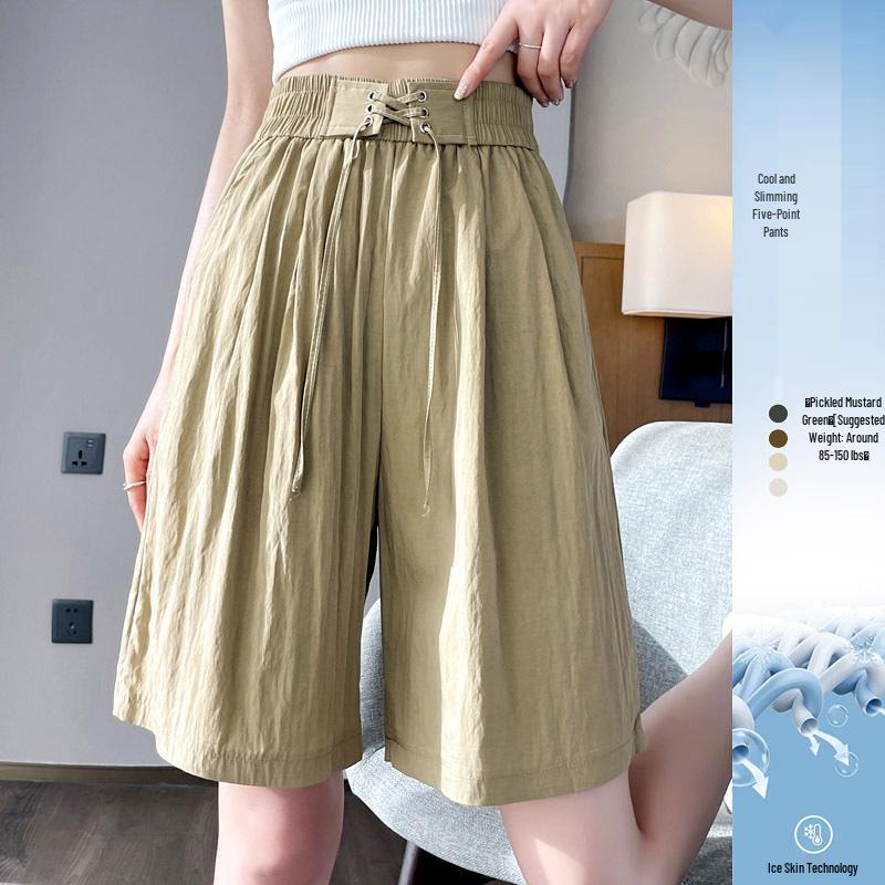 

Женские летние шорты из ледяного шелка с высокой посадкой и широкими штанинами - Утягивающие, Свободные, Прохладные, Средней длины, Дизайн до колена S