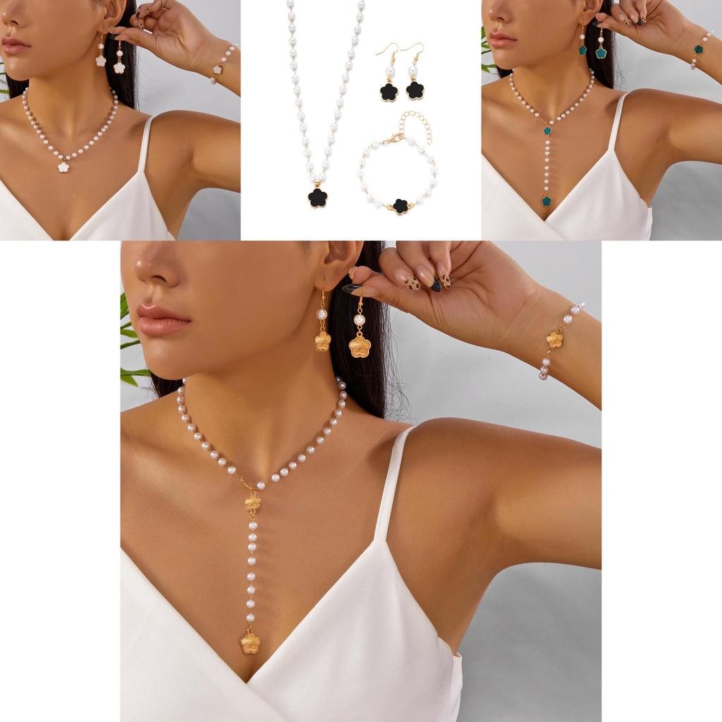 Geometric Flower Shape Jewelry Set With Pearl Pendant For Women Fashion Accessories