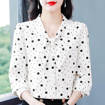 Elegante Damenhemden Mama Frühling Langarm Chiffonhemd Damen 2026 Gepunktete Bluse Schleife V-Ausschnitt Bluse Beliebt