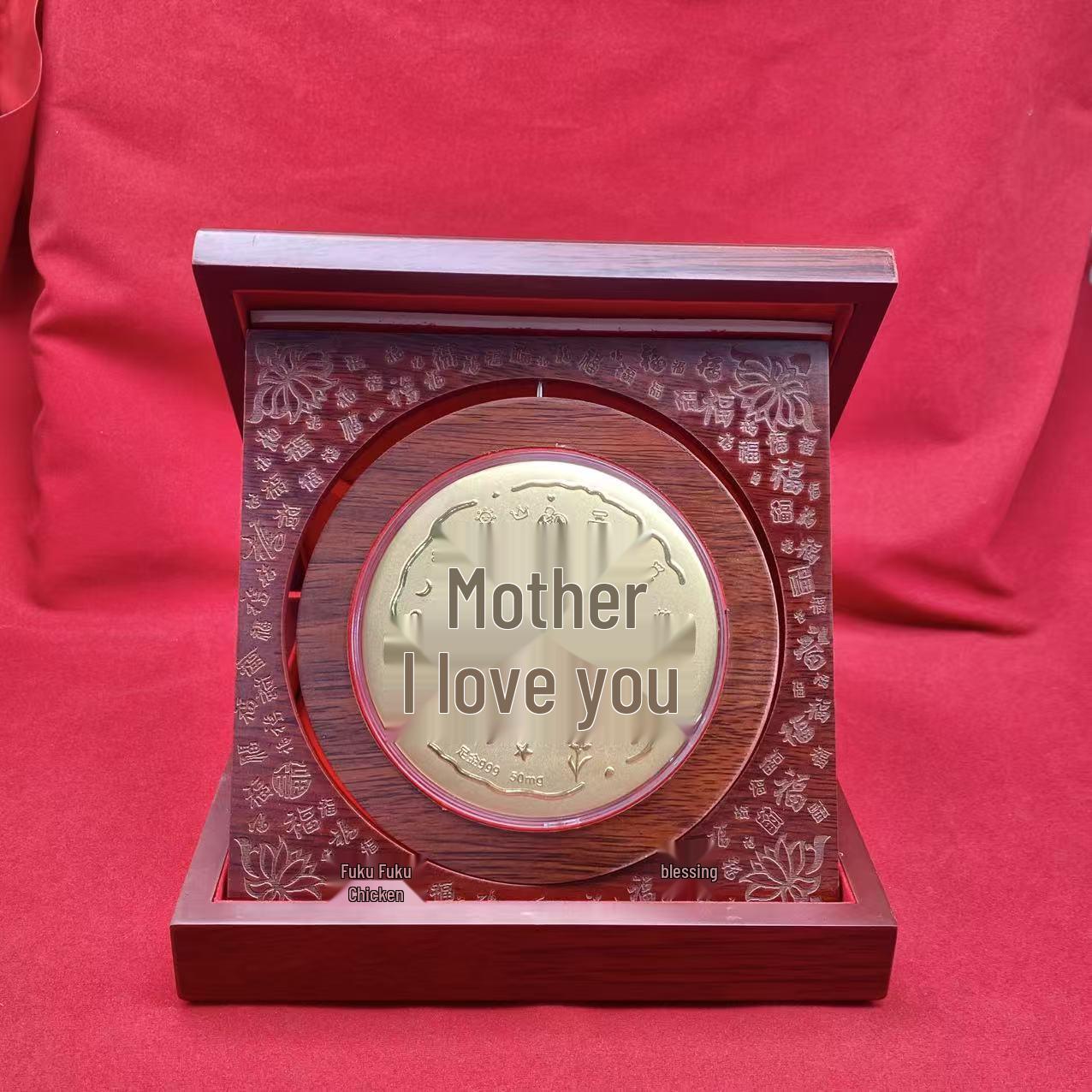 Golden Peace High-Grade Wooden Fu Ornament Gift Box - Tabletop Business Gift Gold Foil