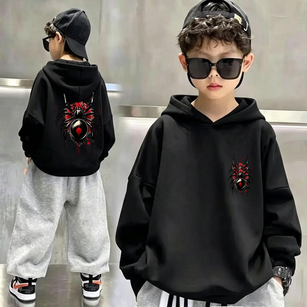 Latest children's retro fun spider-print pullover hoodie. Boys' and girls' loose and comfortable turtleneck sweaters.