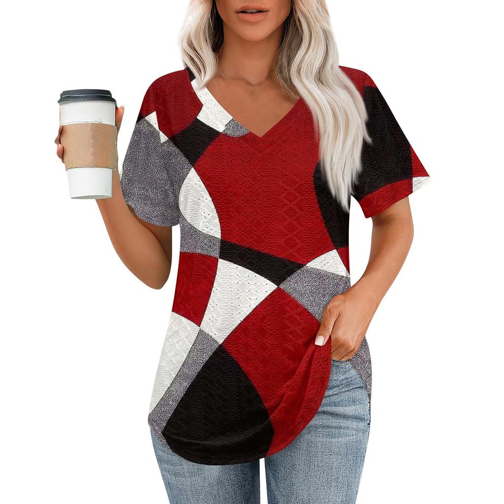 Dámská trička s výstřihem do V, s krátkým rukávem, ležérní topy, volný střih, základní trička se zakulaceným lemem