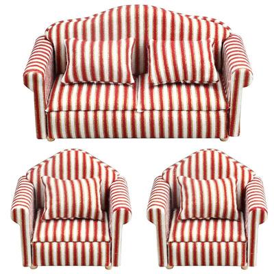 1:12 Dollhouse Miniature Living Room Sofa Set: Gold Trim & Red Stripe Sofa with Throw Pillows