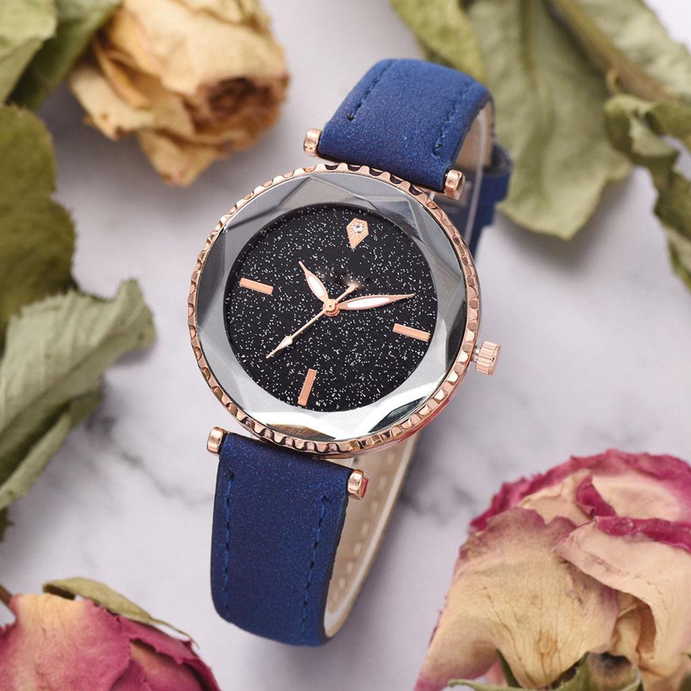 Women Night Stars Sky Cutting Dial PU Strap Watch Alloy Quartz Wristwatch (Blue)