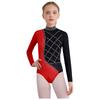 Girls Metallic Gymnastics Bodysuit Long Sleeve Rhinestone Color Block Leotard Competition Dancewear