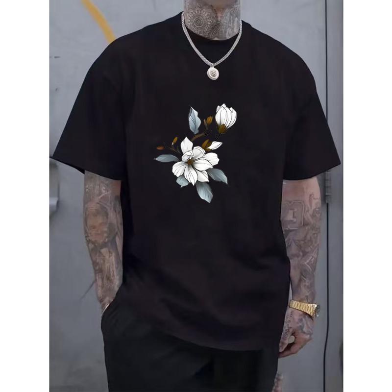

European Size Men S Summer Fashion Floral Print Short Sleeve T-Shirt, Beige Crew Neck Casual Top, Elegant White And Green Design 4XL чорний