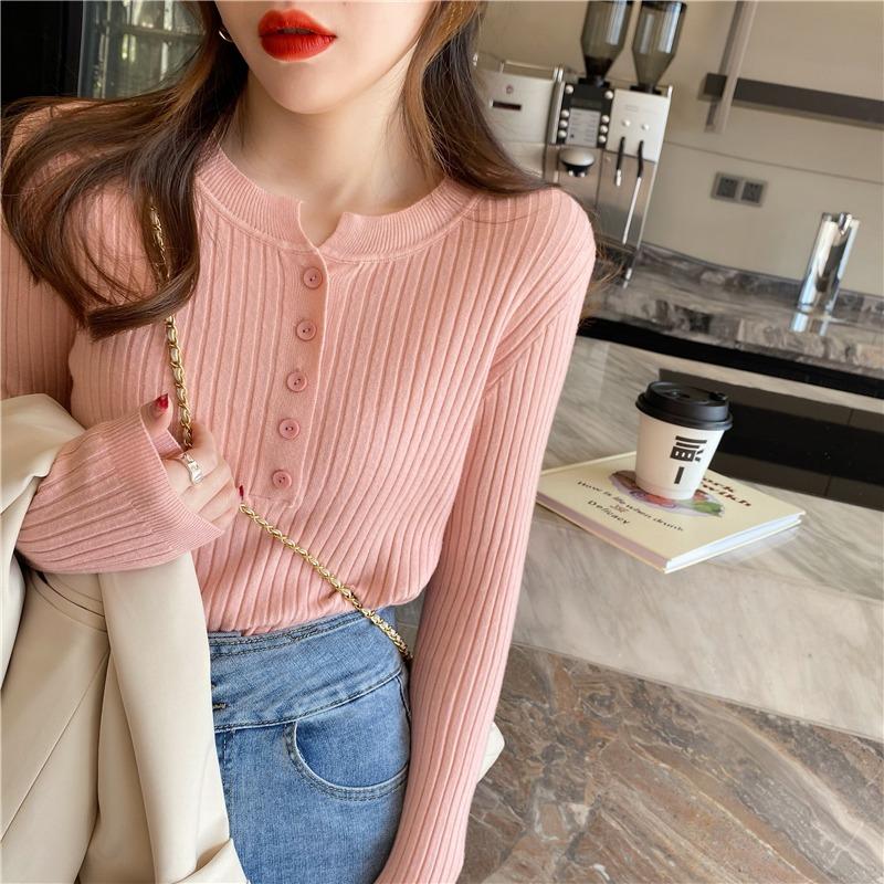 Fashion Crew Neck Knitted Women Pullover Sweater Autumn and Winter Long Sleeve Slim Fit Inner Bottoming Shirt Office Elegant Buttons Tops Clothing