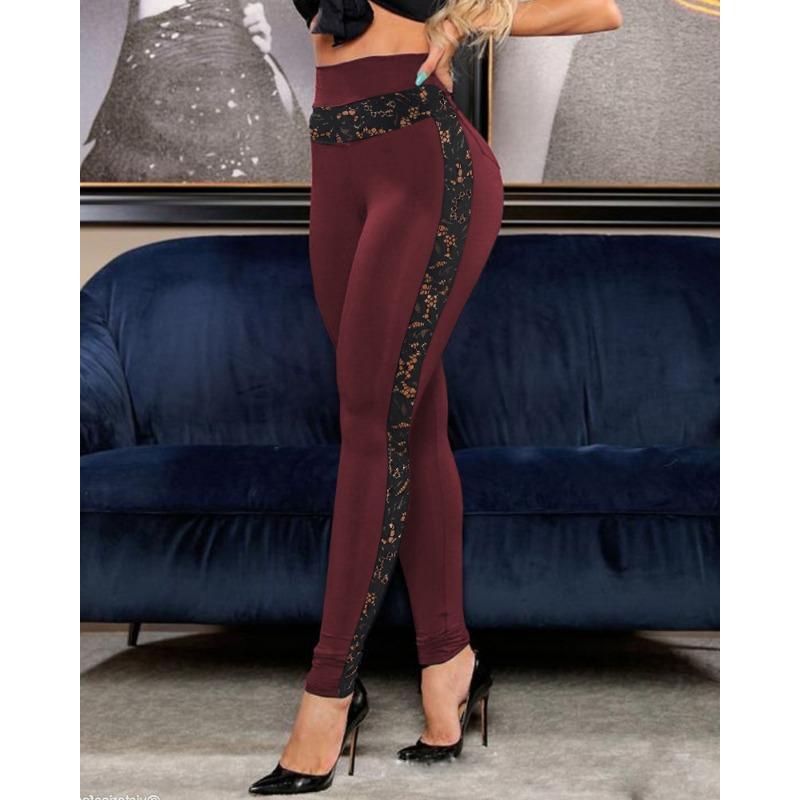 Women's Fashion Casual Colour Block Print High Waist Trousers Pants & Capris