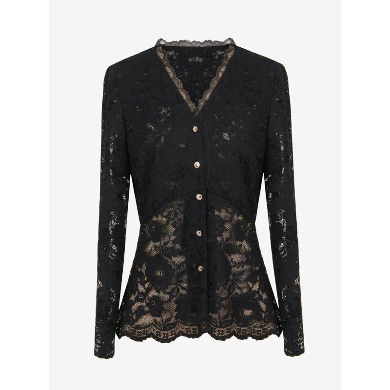 

Blue Rose Plus Size Women s Clothing Water-Soluble Lace Long Sleeves V Neck Elegance Sexy Single Row Metal Button Shirt Black 4XL