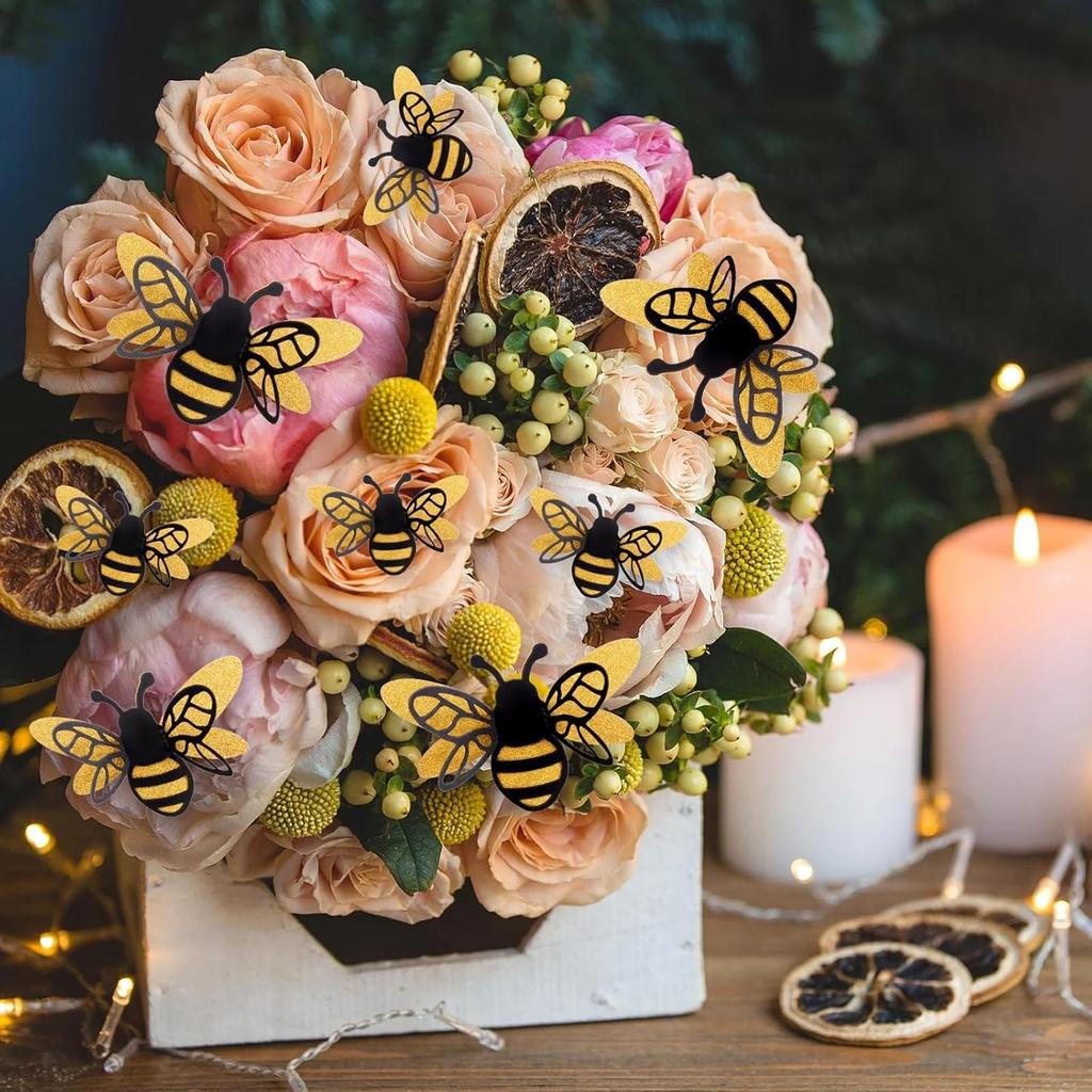 24pcs 3D Bee Decorative Double Glitter Bee Sticker Wall Decor Realistic Shiny Decor Decal For Family Party Classroom Outdoor Theme Decoration