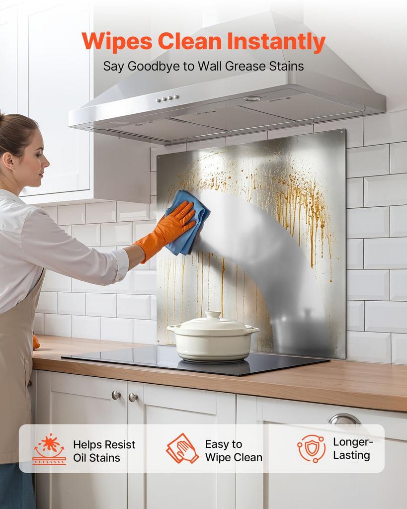 76x76 cm Stainless Steel Backsplash for Stove, Ultra Flat Splatter Guard, Wall Shield Range Hood Backsplash, Easy Clean Kitchen Wall Metal Panel,