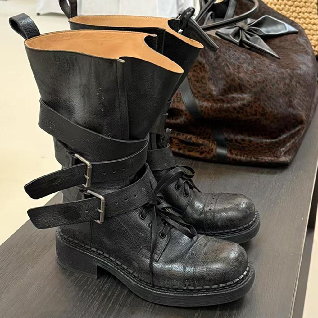 Cowhide version~ Wasteland handsome locomotive women's boots genuine leather wide tube Martin boots women's winter thick heel medium tube knight boots