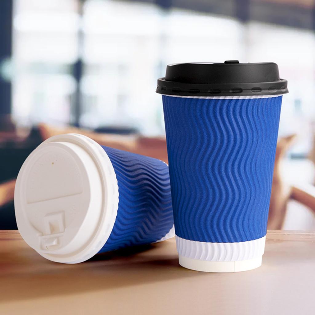 Disposable Paper Cups With Lids 12 Oz, Insulated Takeaway Cups, Corrugated Double Wall, Blue 50 Count