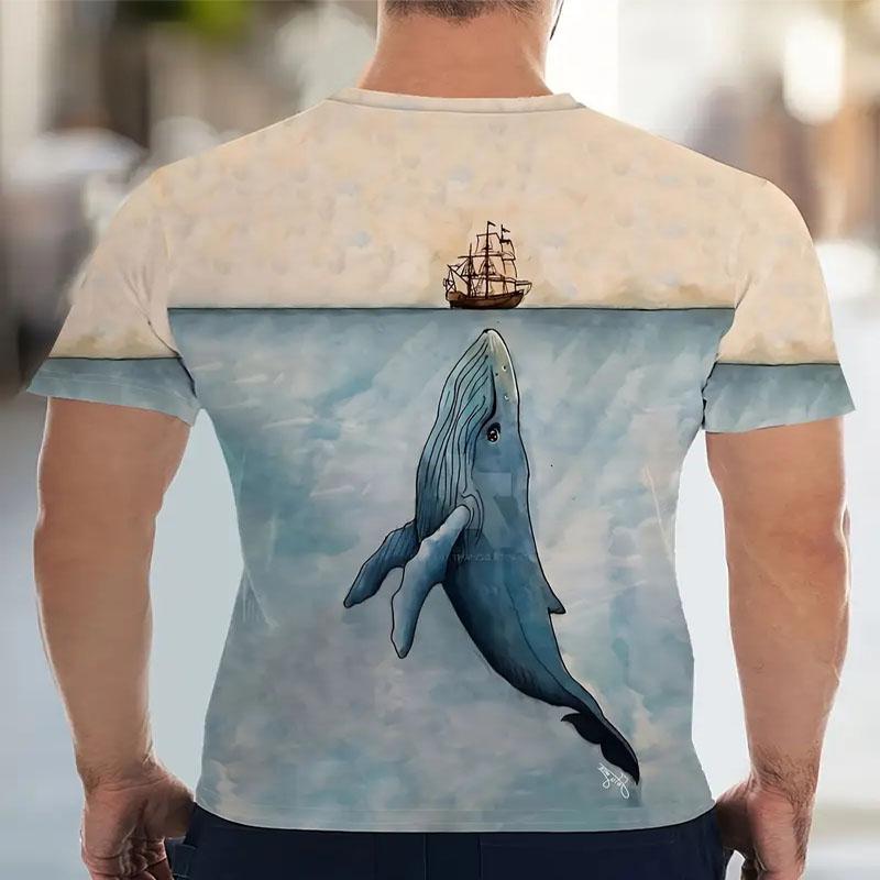 Whale Digital Print Pattern Men's Round Neck Short Sleeved T-shirt for Summer Comfort and Quick Drying Outdoor Wear