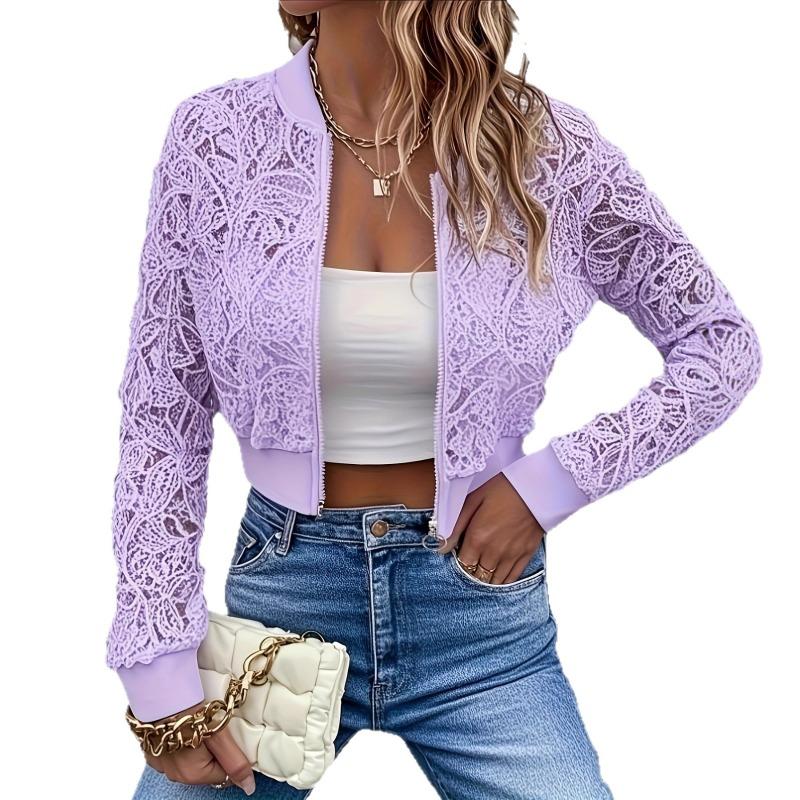 New Spring and Summer Lace Short Jacket Women's Spring and Autumn Thin Zipper Cardigan Long Sleeve Slim Fashion Versatile Top